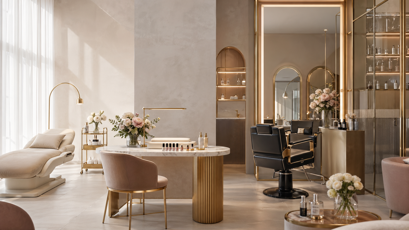 Elegant beauty salon interior with gold accents